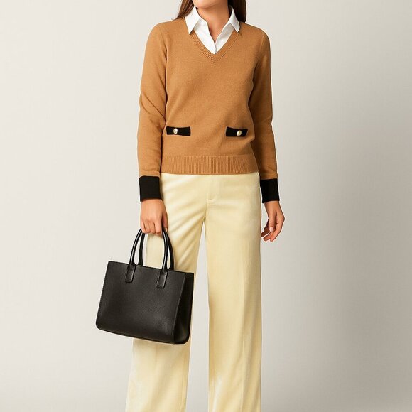 Nanette Lepore Preppy Casual Workwear Twofer Knit Sweater Blouse Camel/Tan XS - Picture 7 of 13